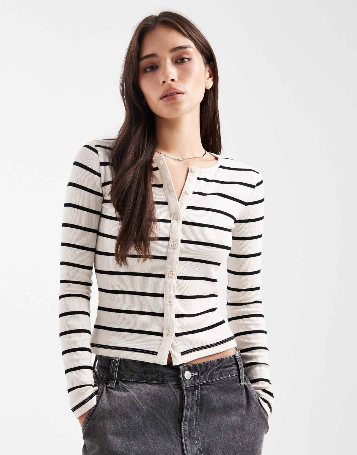 Brave Soul long sleeve button down top in black and cream stripe