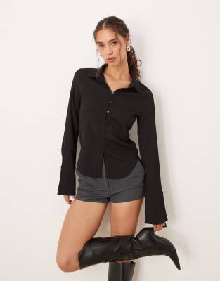 Brave Soul Long sleeve button through collared blouse in black