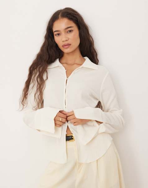 Brave Soul Long sleeve button through collared blouse in cream