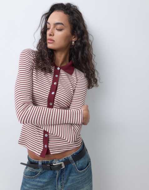 Brave Soul long sleeve collared stripe button through top in burgundy & cream