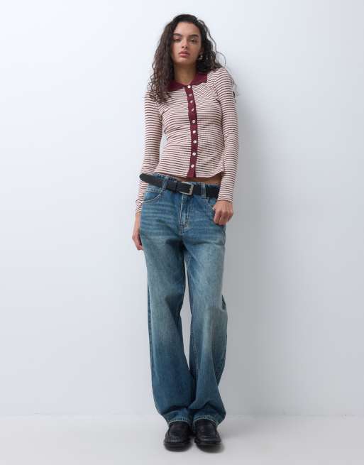 Brave Soul long sleeve collared stripe button through top in burgundy & cream, 2 of 5