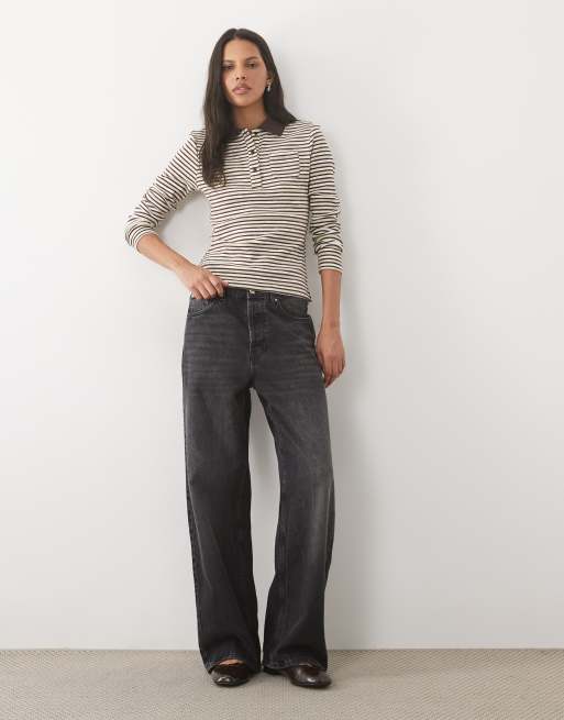 Brave Soul long sleeve collared stripe top in chocolate brown & cream , 3 of 4