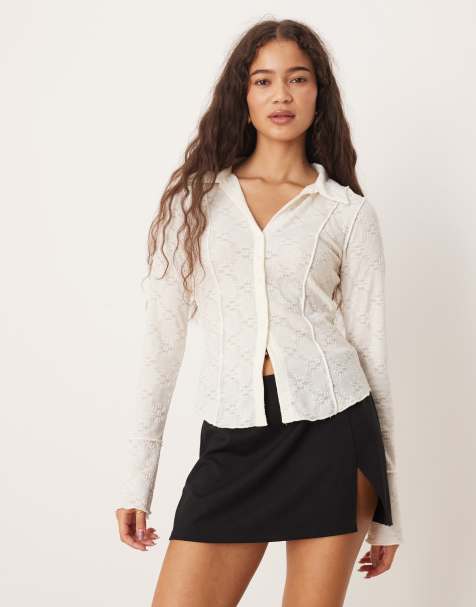Brave Soul Long sleeve collared textured jersey top in cream - view 1