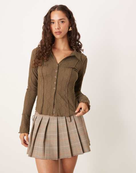 Brave Soul Long sleeve collared textured jersey top in light brown - view 1