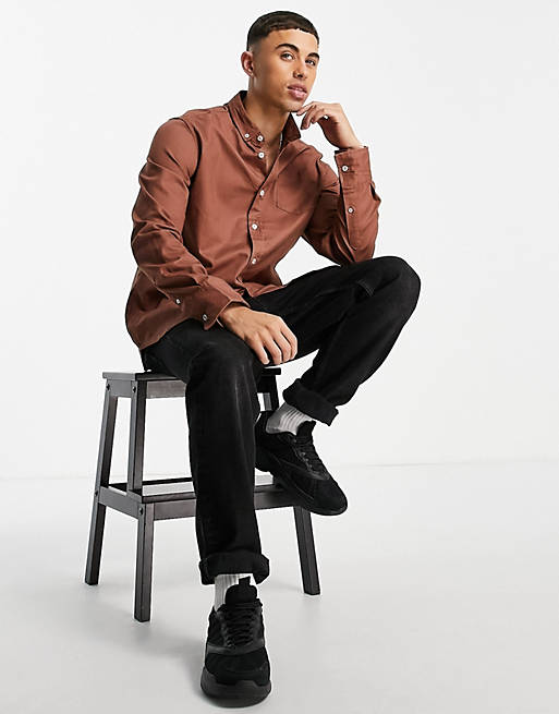 Brave Soul long sleeve cotton twill shirt in brown