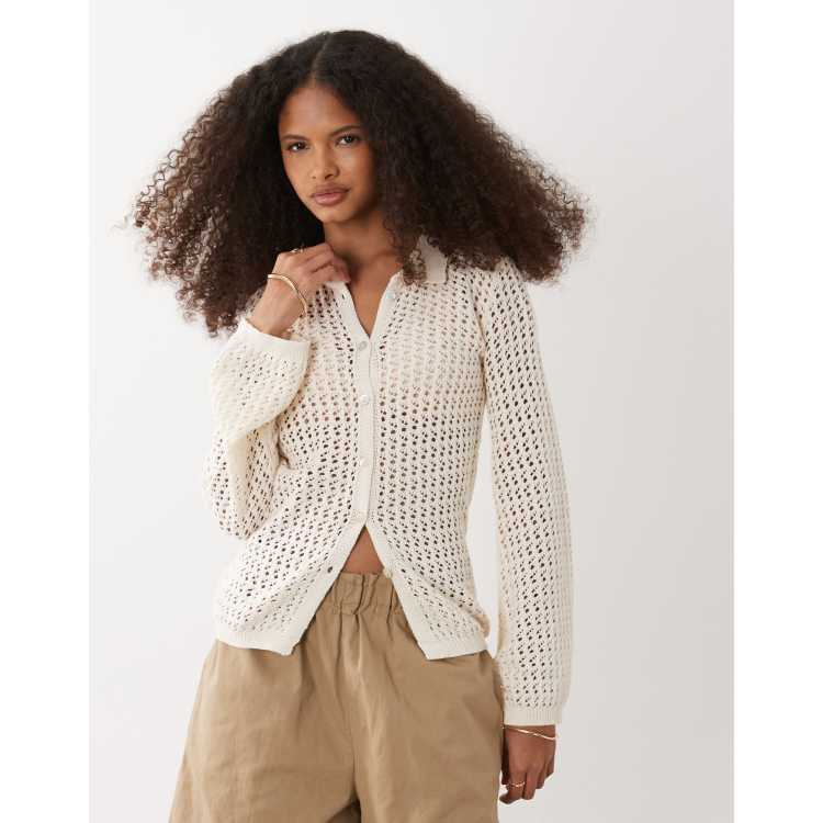 Brave Soul long sleeve crochet knit cardigan in cream | ASOS