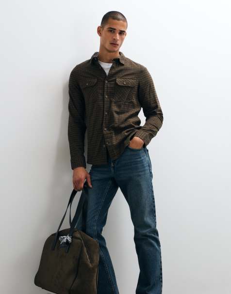Brave Soul long sleeve dogtooth check shirt in brown - view 1