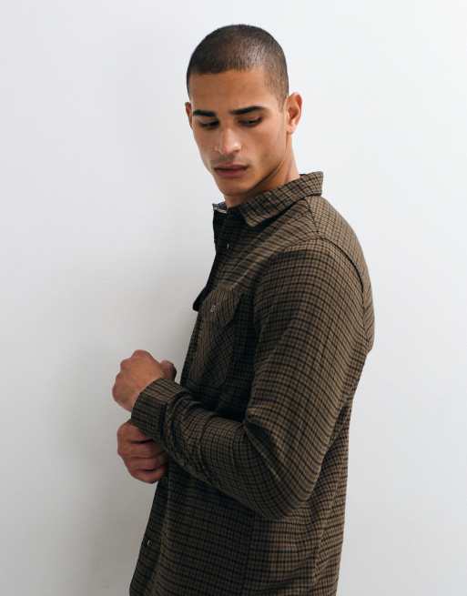 Brave Soul long sleeve dogtooth check shirt in brown, 3 of 5
