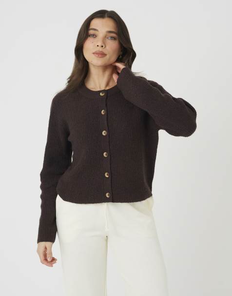 Brave Soul Long sleeve fisherman knit cardigan in chocolate - view 1
