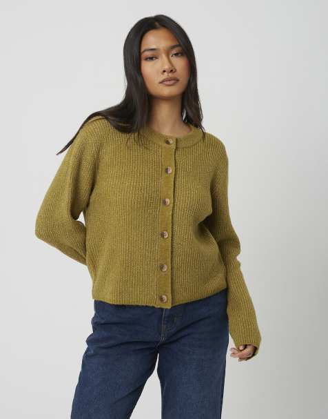 Brave Soul Long sleeve fisherman knit cardigan in olive - view 1