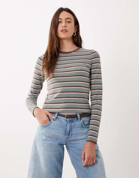 Brave Soul long sleeve fitted jersey top in brown stripe - view 1