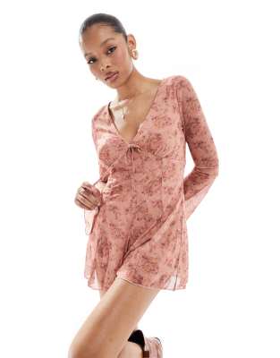 Brave Soul Brave Soul long sleeve floral playsuit in dusty pink
