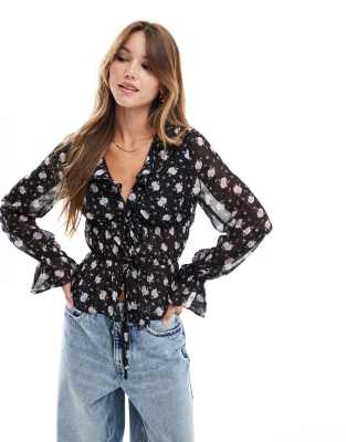 Brave Soul long sleeve floral print blouse in black and pink