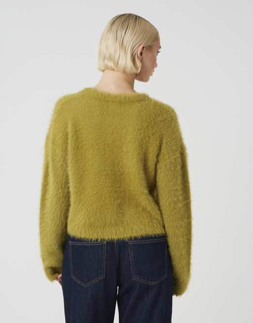 Brave Soul Long sleeve fluffy knit cardigan in olive, 2 of 4