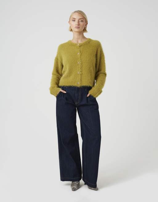 Brave Soul Long sleeve fluffy knit cardigan in olive, 3 of 4