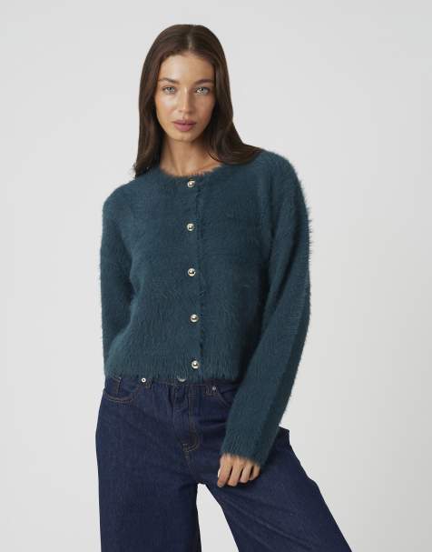 Brave Soul Long sleeve fluffy knit cardigan in teal - view 1