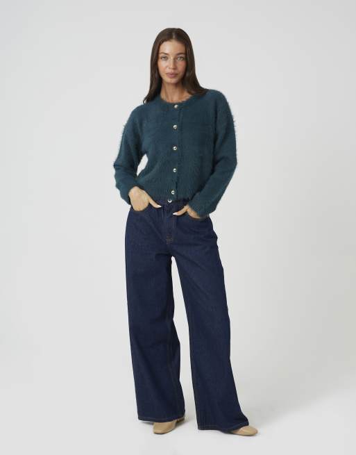Brave Soul Long sleeve fluffy knit cardigan in teal, 3 of 4