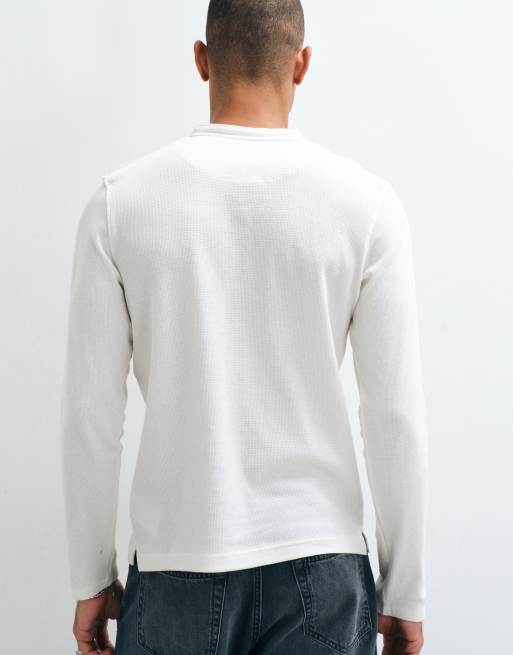 Brave Soul long sleeve Henley waffle knit t-shirt in off white, 5 of 5