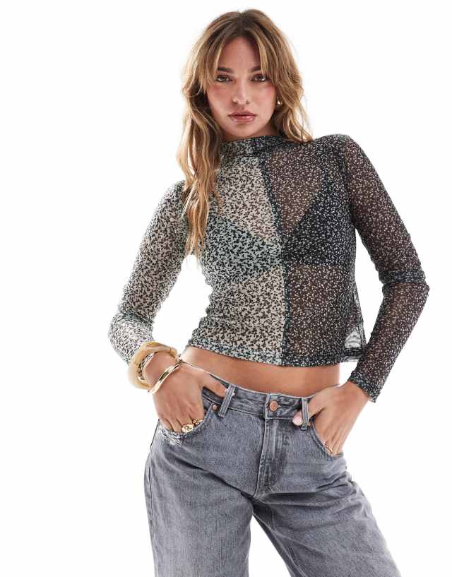 Brave Soul - long sleeve high neck mesh printed top in multi