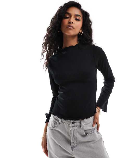 Brave Soul long sleeve high neck top with lettuce hem in black - view 1