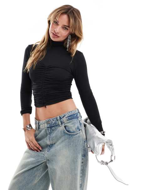 Brave Soul long sleeve high neck top with ruching detail in black - view 1