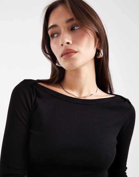 Brave Soul long sleeve jersey boat neck top in black - view 1