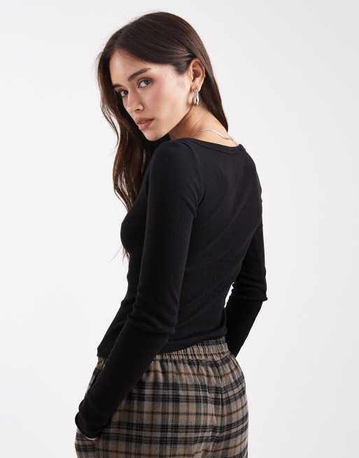 Brave Soul long sleeve jersey boat neck top in black, 4 of 4