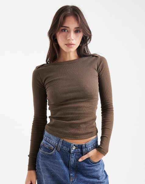 Brave Soul long sleeve jersey boat neck top in brown - view 1