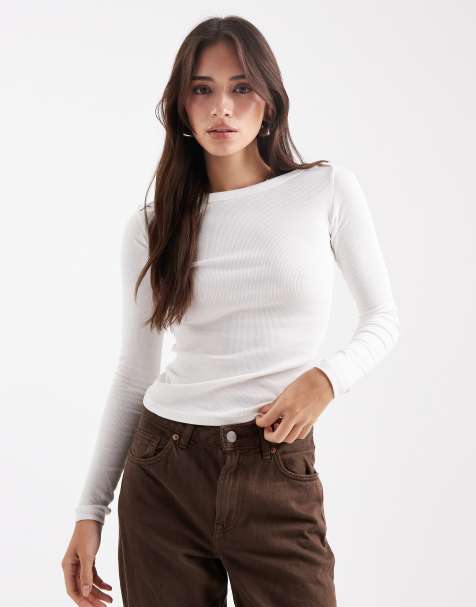 Brave Soul long sleeve jersey boat neck top in white - view 1