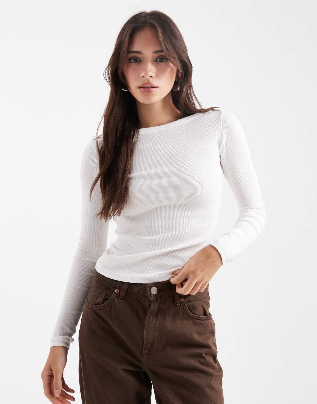 Brave Soul long sleeve jersey boat neck top in white