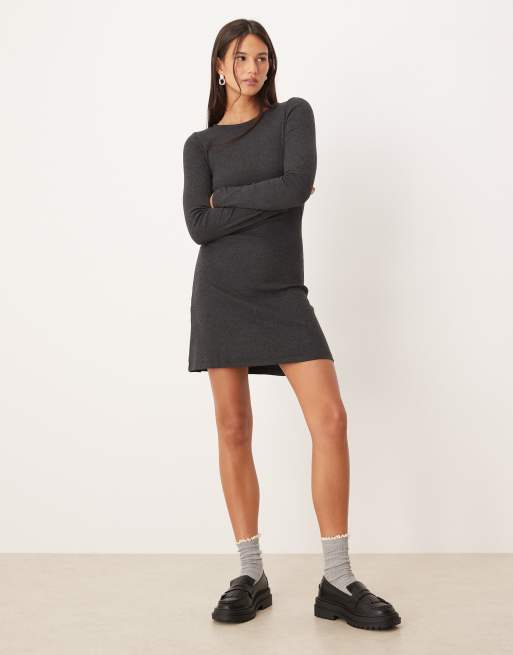 Brave Soul long sleeve jersey dress in charcoal gray