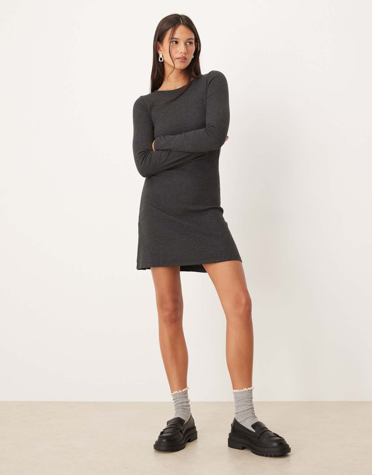 Brave Soul long sleeve jersey dress in charcoal grey