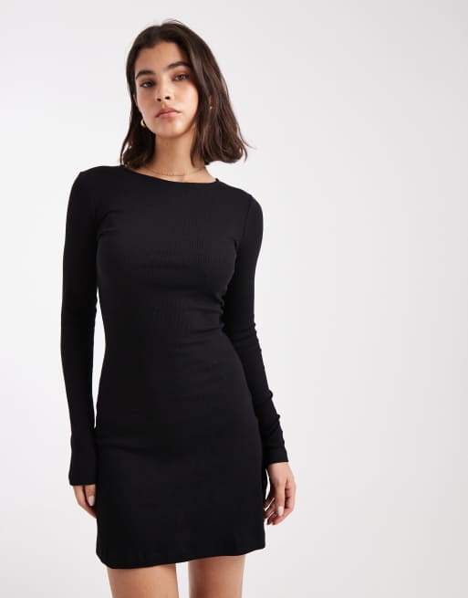 Brave Soul long sleeve jersey mini dress with crew neck in black