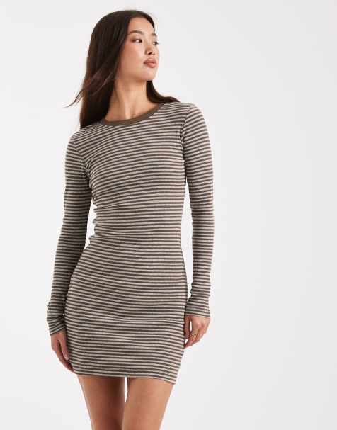 Brave Soul long sleeve jersey mini dress with ringer neckline in truffle and grey stripe - view 1