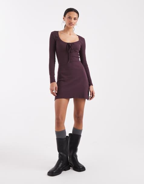 Brave Soul long sleeve jersey mini dress with tie front detail in berry