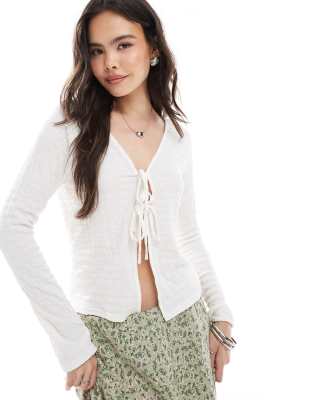 Brave Soul long sleeve jersey tie front top in white - view 1