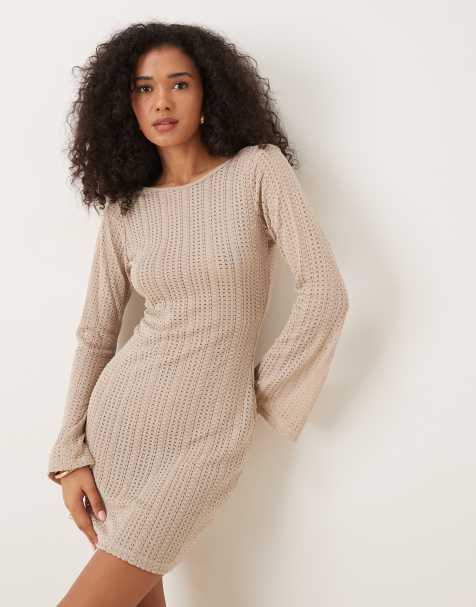 Brave Soul Long sleeve knitted mesh mini dress in taupe - view 1