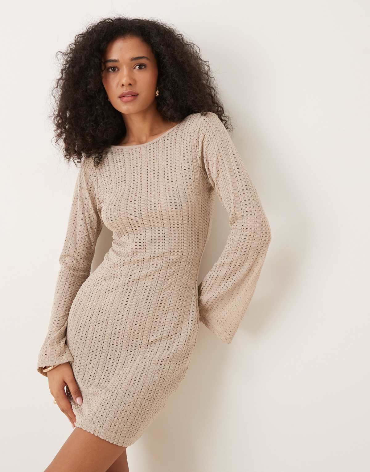 Brave Soul Long sleeve knitted mesh mini dress in taupe
