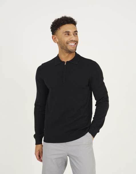 Brave Soul Long sleeve knitted polo in black