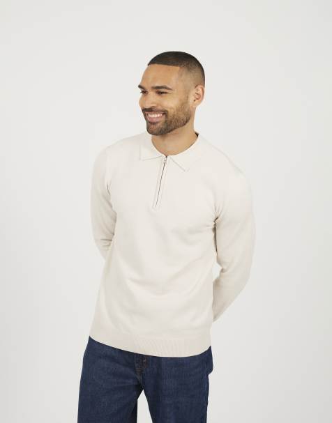 Brave Soul Long sleeve knitted polo in cream - view 1