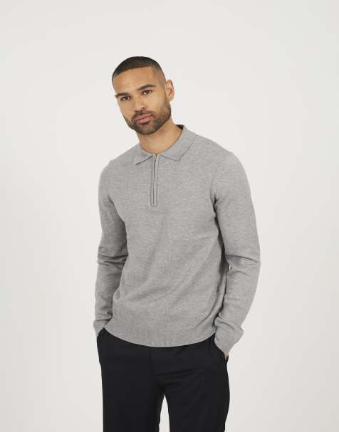 Brave Soul Long sleeve knitted polo in grey - view 1