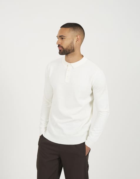 Brave Soul Long sleeve knitted polo in off white - view 1