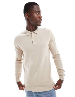 Brave Soul long sleeve knitted polo in stone-Neutral