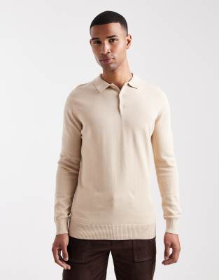 Brave Soul Long Sleeve Knitted Polo Top In Neutral