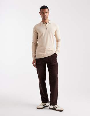 Brave Soul Long Sleeve Knitted Polo Top In Neutral
