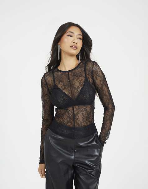 Brave Soul Long sleeve lace top in black