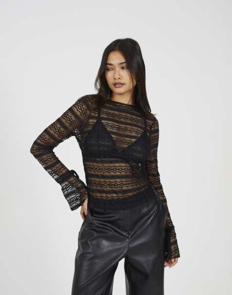 Brave Soul Long sleeve lace top in black - view 1