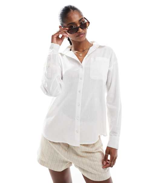 Brave Soul long sleeve linen blend shirt in white - view 1