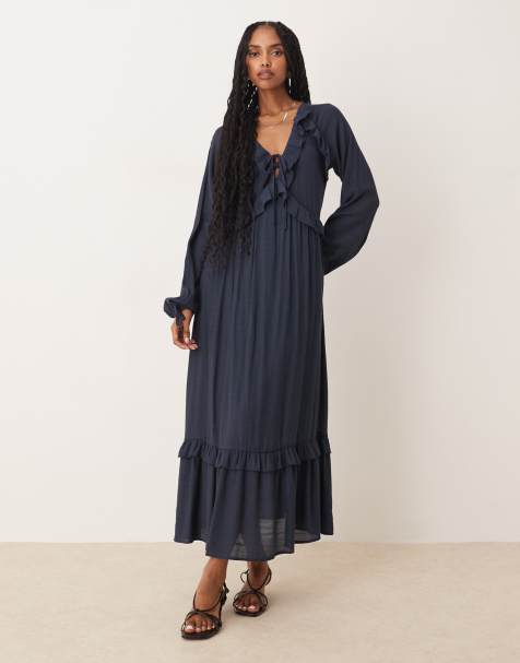 Brave Soul Long sleeve maxi dress with frill detail in navy - view 1