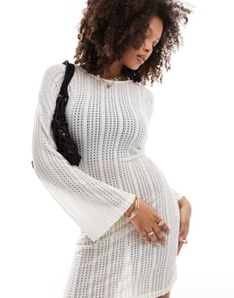 Brave Soul long sleeve mesh knitted dress in off white - view 1